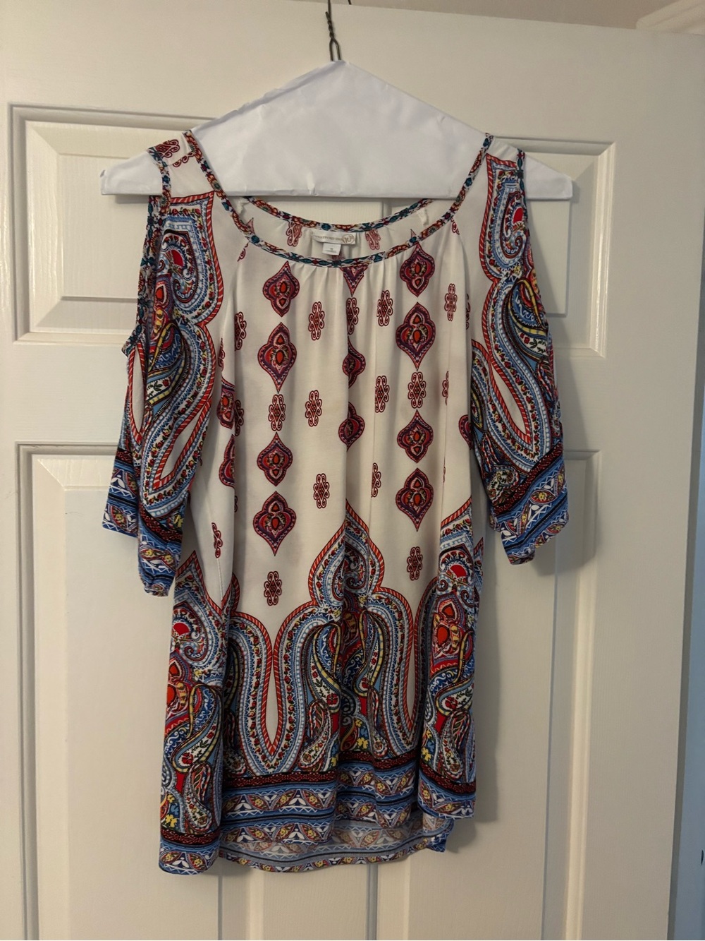 Westport White Cold-Shoulder Paisley Tunic with Multicolor Accents
